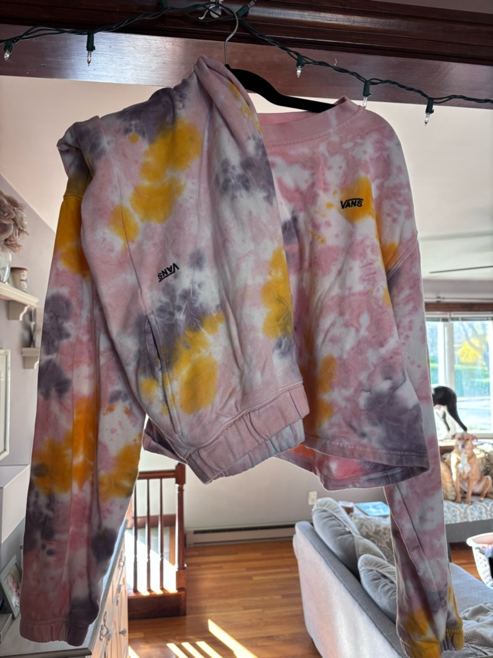 Vans Tie-Dye Sweatsuit in Pink, Yellow & Gray- cropped sweat shirt/pants